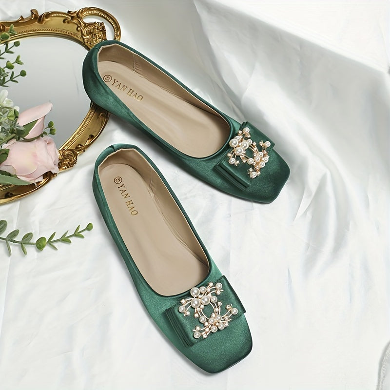 Faux Pearl Bow Ballet Flats Square Toe Slip On Satin Wedding Shoes