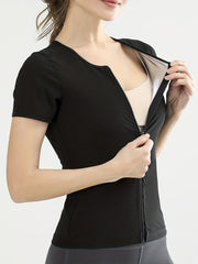 Zipper Front Slimming Short Sleeve Sports Sweat Shirt