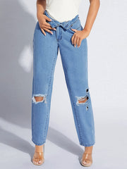 Ripped Button Up Straight Leg Jeans