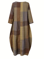 Colorblock Grid Print Long Sleeve Maxi Dress