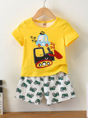 Boys Cartoon Truck Print Pajama Set Crew Neck Short Sleeve Top & Shorts