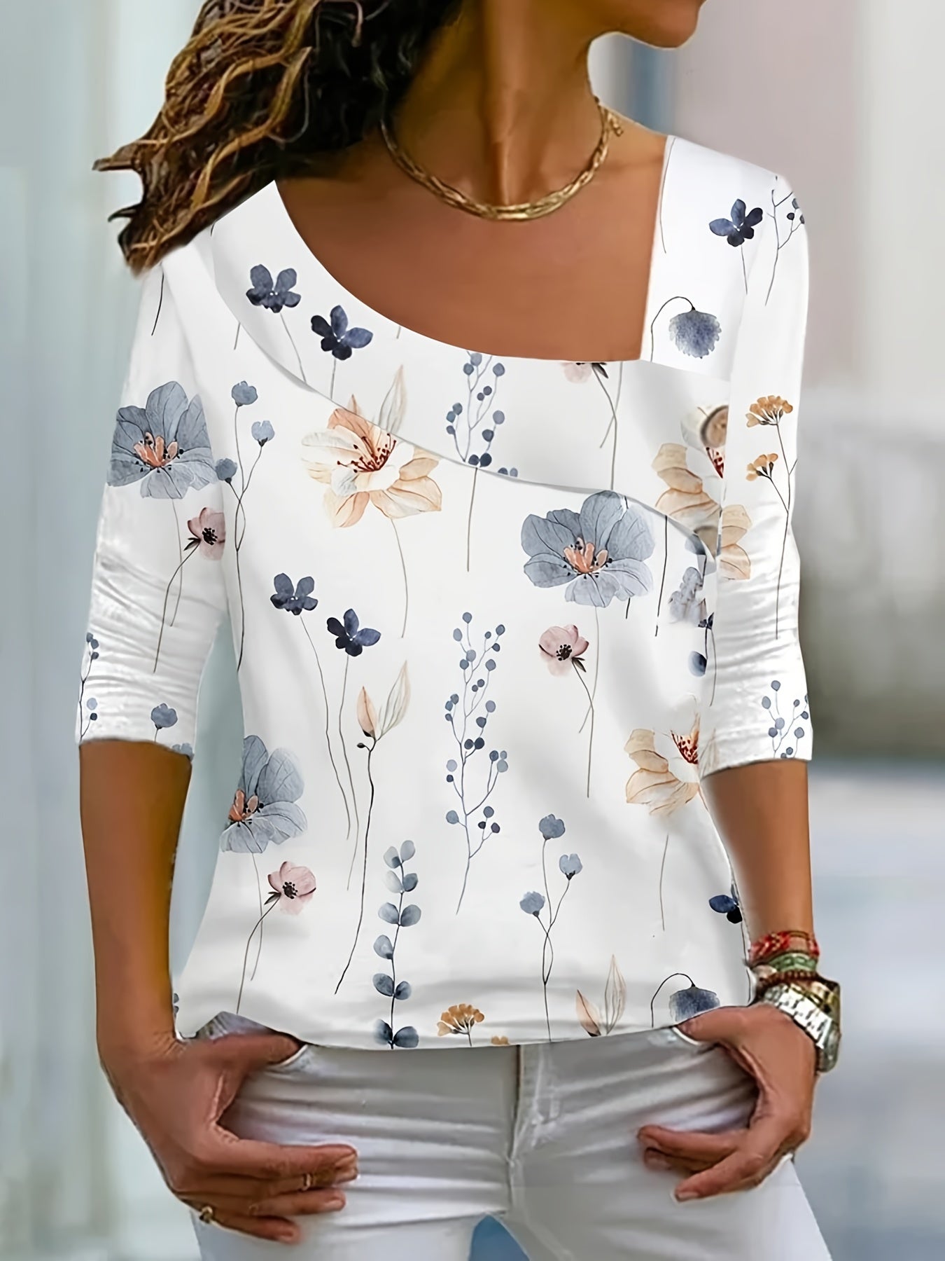 Casual Blouse Women's Plus Floral Print Long Sleeve Irregular Neck