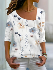Casual Blouse Women's Plus Floral Print Long Sleeve Irregular Neck