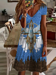 Vintage V Neck Eagle Print Ethnic Dress Women's Clothing