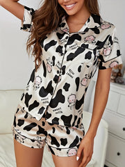 Cow Print Pajama Set Short Sleeve Top & Shorts Women's Sleepwear