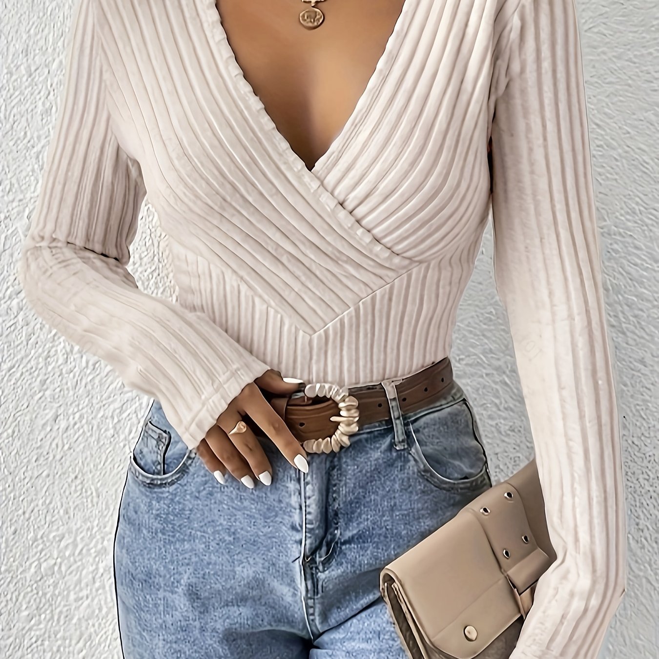 Casual Sweater Solid Ribbed Long Sleeve Surplice Neck Jumper