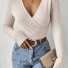 Casual Sweater Solid Ribbed Long Sleeve Surplice Neck Jumper