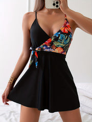 Tropical Print Two Pieces Swimsuit V Neck Bow Tie Beachwear