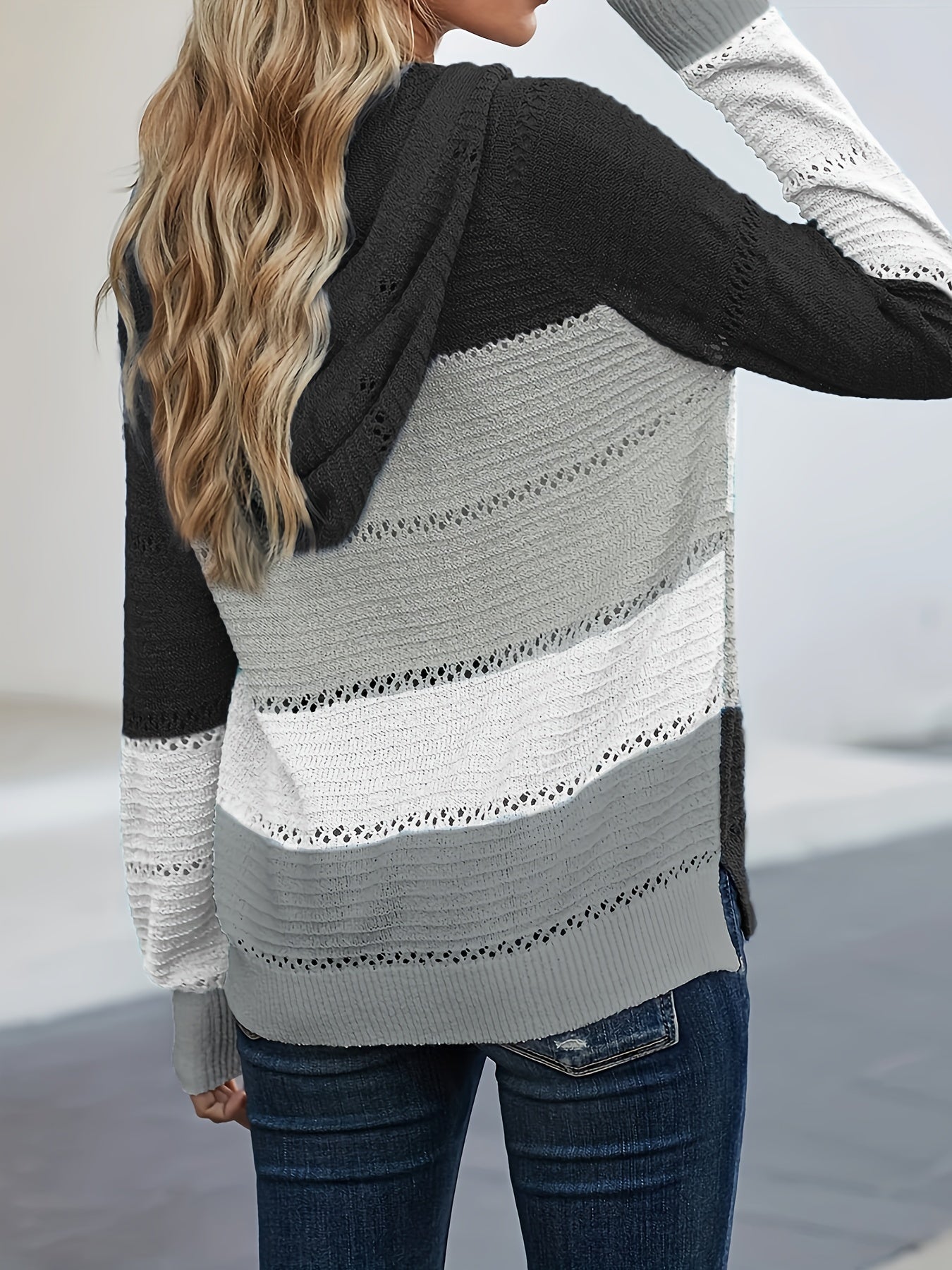 Zip Up Knit Cardigan Hollow Hooded Sweater