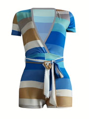 Colorblock Stripe V-Neck Romper with Belt