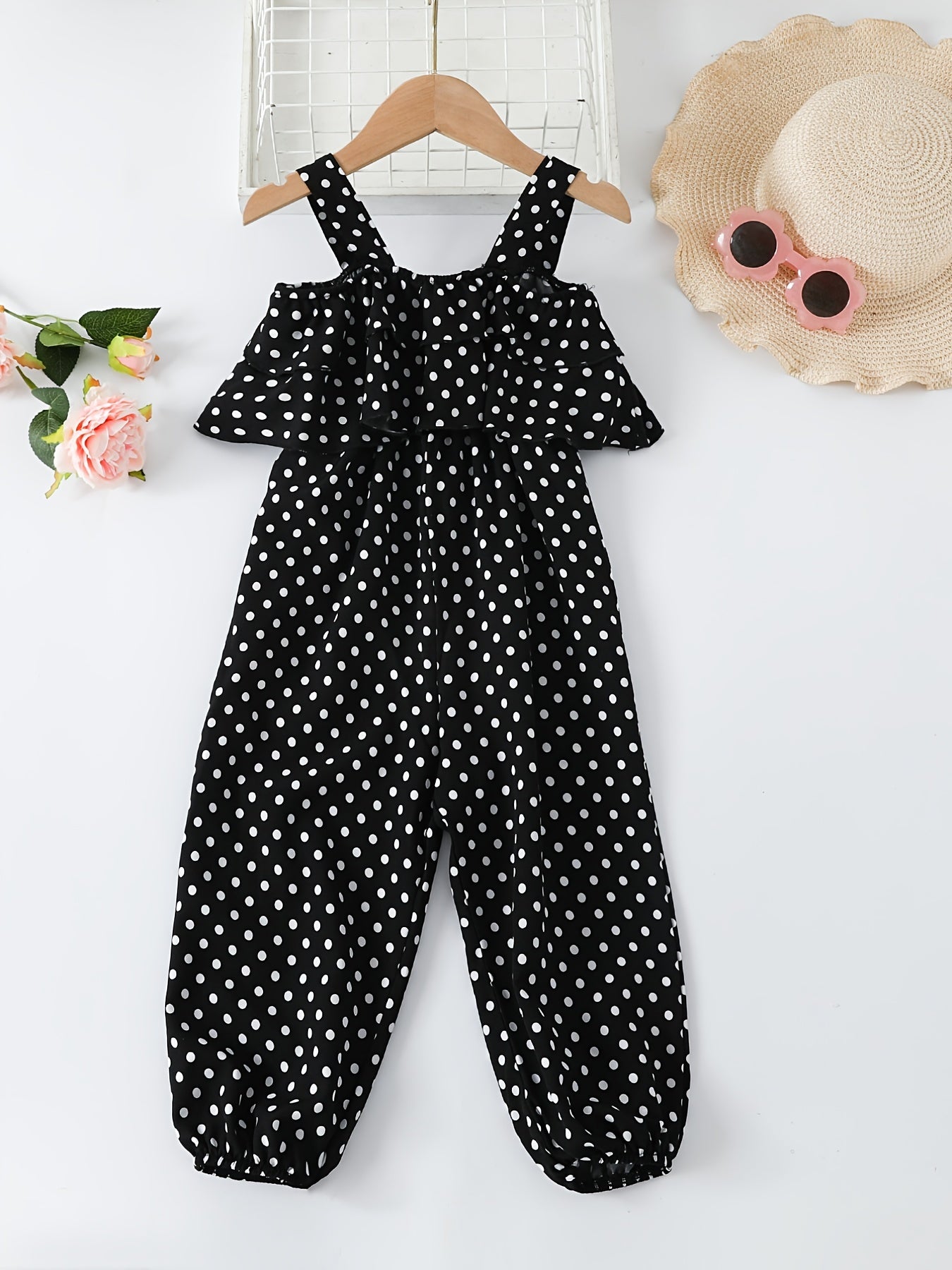 Girls Polka Dot Print Ruffled Suspender Jumpsuit