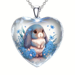 Rabbit Pendant Necklace with Heart Shaped Petal Flowers