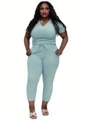Solid Short Sleeve V Neck Tee & Tie Leggings Set