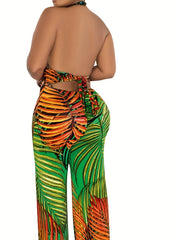 Tropical Print Halter Neck Jumpsuit Backless Wide Leg