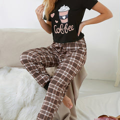 Coffee Print Pajamas Set Short Sleeve Tee Top And Pants Pj Set