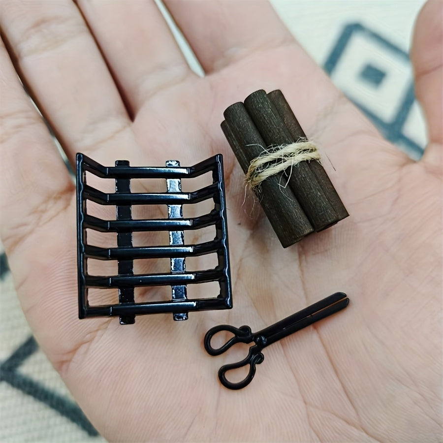 Mini Metal Fireplace w/ Wood Logs & Iron Grate Dollhouse Accessory