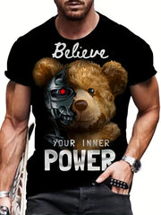 Men's Bear Graphic Print T shirt Crew Neck Tee for Summer