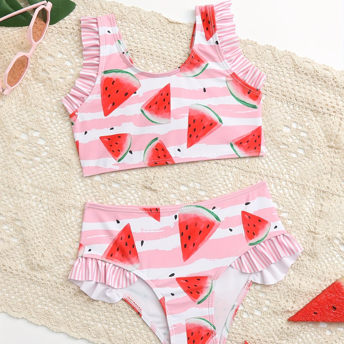 Toddler Girls Watermelon & Stripe Ruffle Bikini Tankini Swimsuit