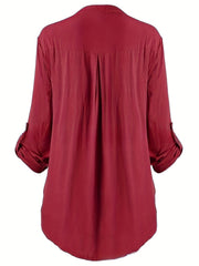 Casual Blouse Women's Contrast Lace Button Up Roll Up Sleeves