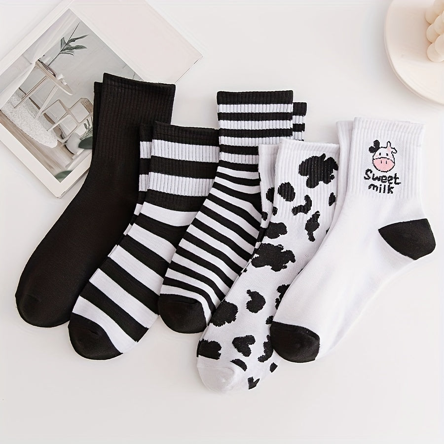 5 Pairs Cow Print Socks & Striped Crew Socks Women's Stockings