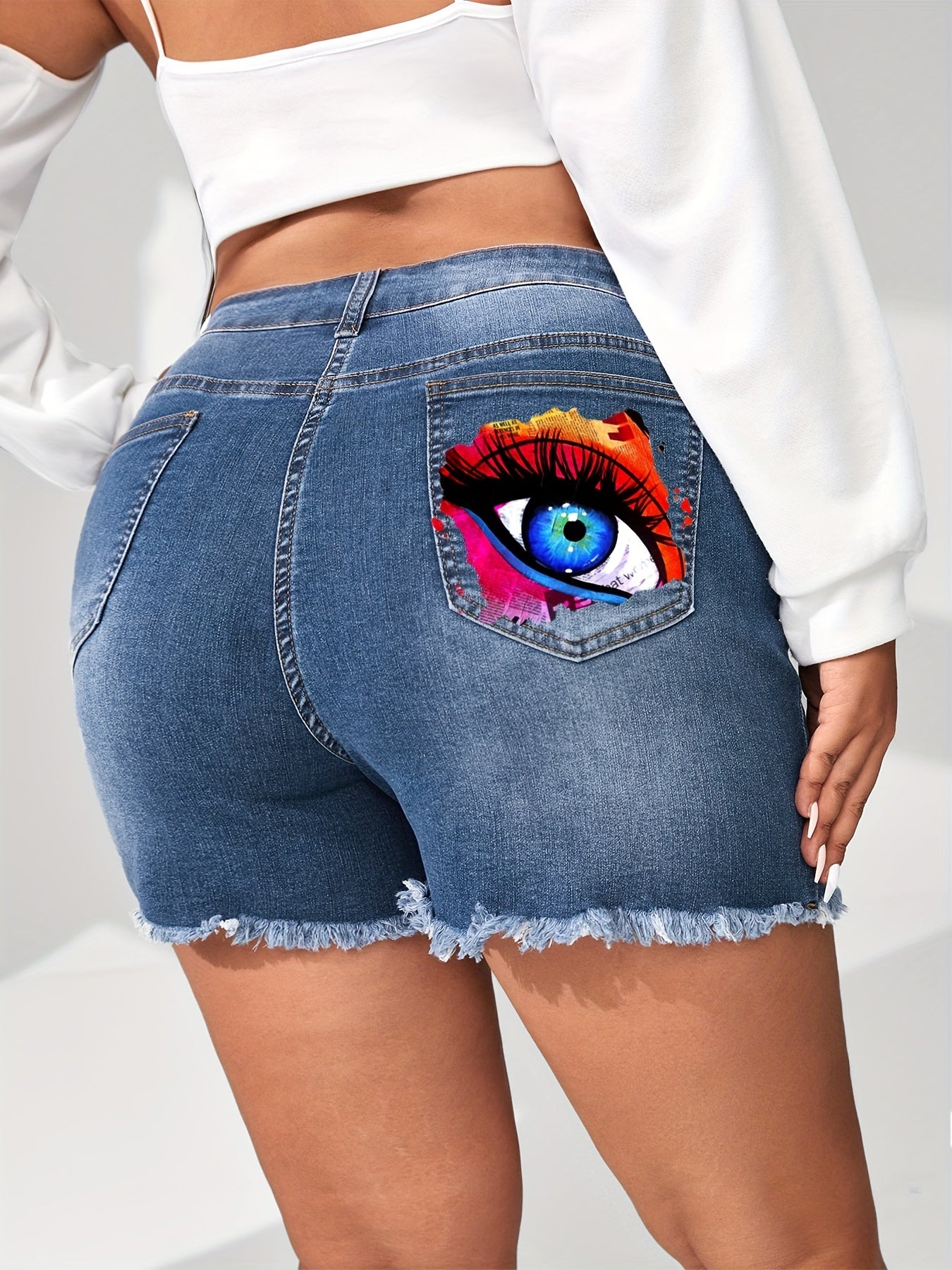 Eye Print Ripped Denim Shorts with Fringe Trim