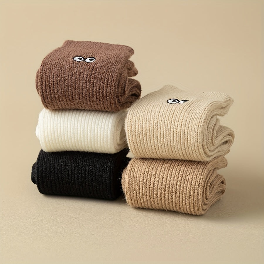 5 Pairs Eyes Embroidery Socks Comfy Mid Tube Stockings