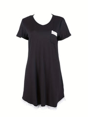 Lace NightDress Short Sleeve V Neck Pajama Dress Women's Sleepwear