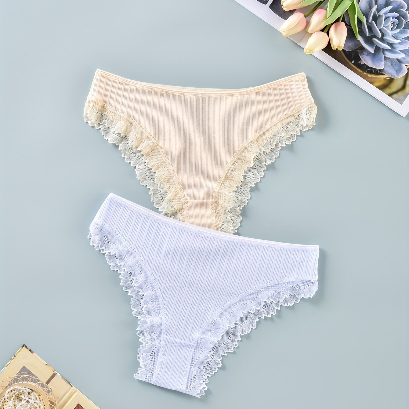 2 Pack Plus Size Lace Trim Mid Waist Briefs Set