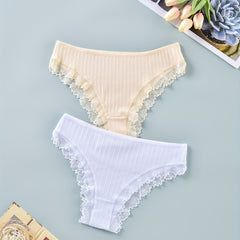 2 Pack Plus Size Lace Trim Mid Waist Briefs Set
