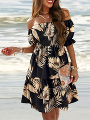 Tropical Print Off Shoulder Smock Dress