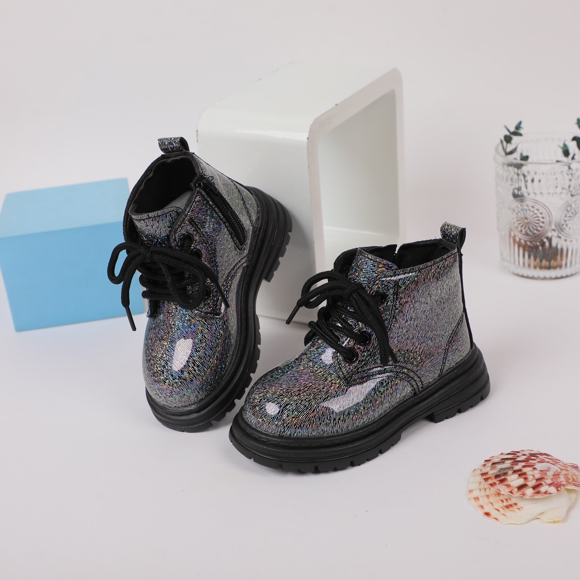 Girls Ankle High Casual Boots, Non Slip Rubber Sole, Easy Zip Up, Moire Pattern