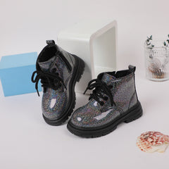 Girls Ankle High Casual Boots, Non Slip Rubber Sole, Easy Zip Up, Moire Pattern