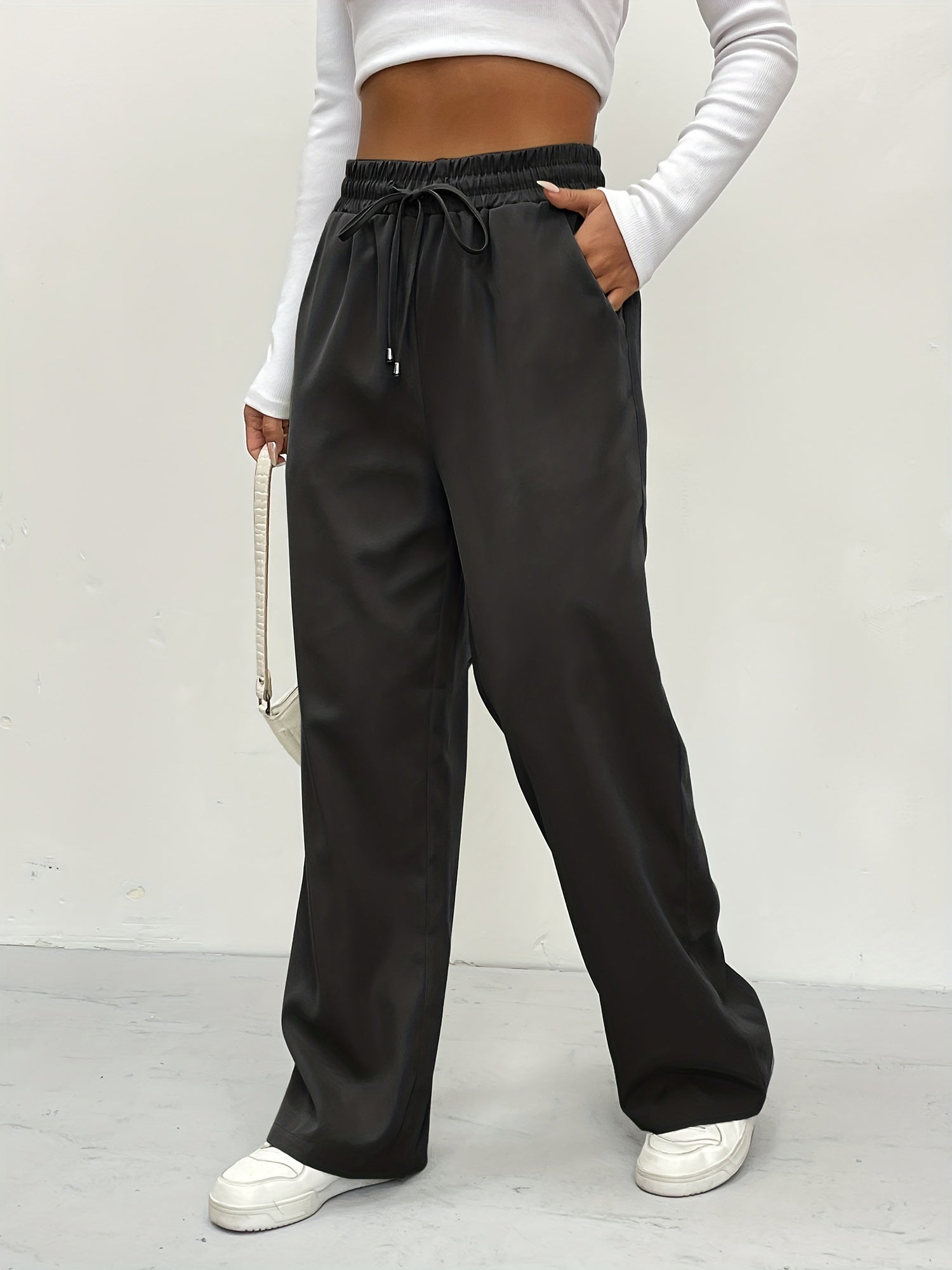 Solid Drawstring Pants Casual Wide Leg Elastic Waist Pants Women's Clothing