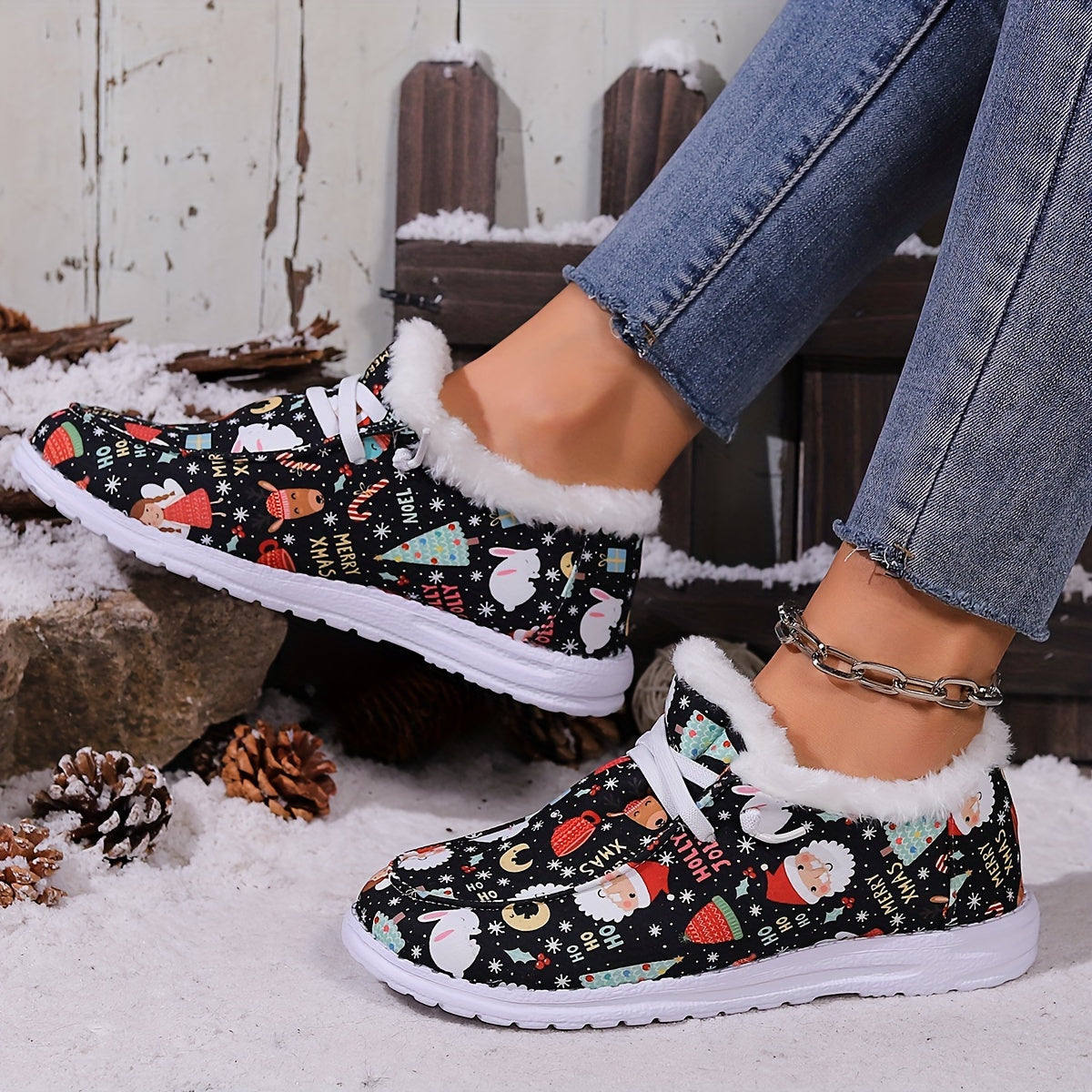 Christmas Style Snow Boots Santa Bunny Moon Pattern Plush Comfort Flats
