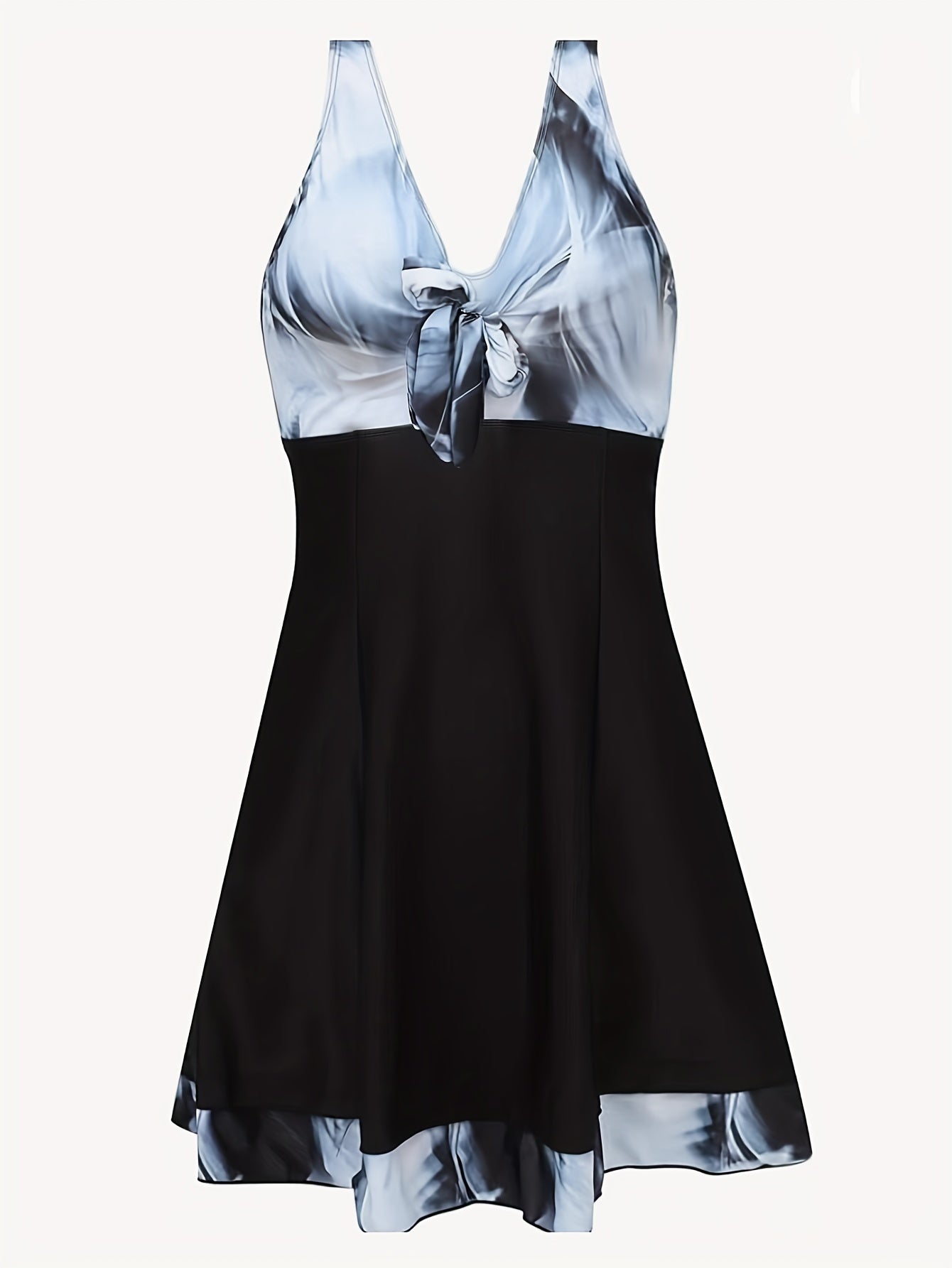Colorblock Marble Print Knot Front V Neck Peplum Tank Top & Shorts
