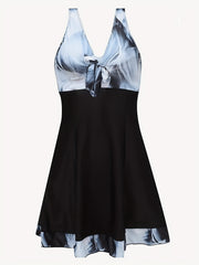 Colorblock Marble Print Knot Front V Neck Peplum Tank Top & Shorts