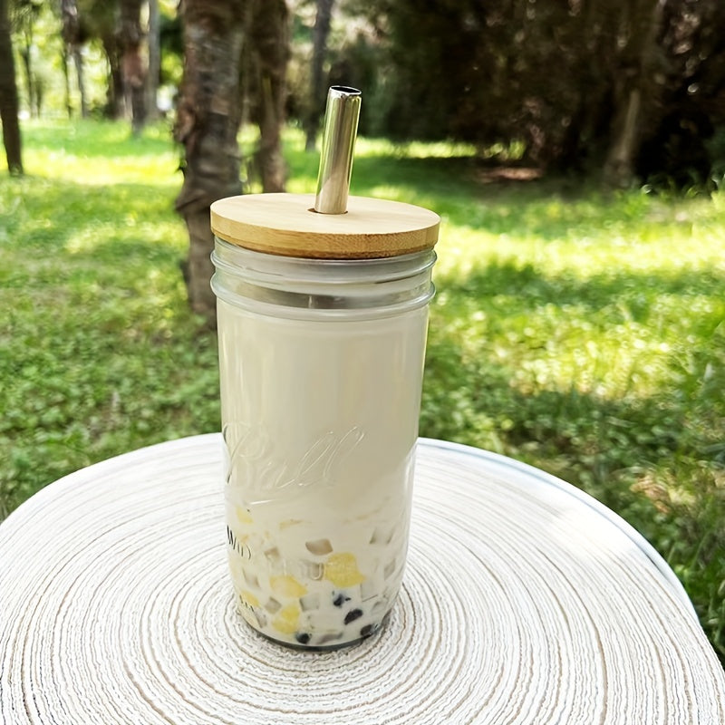 24oz Clear Glass Cup with Wooden Lid & Steel Straw