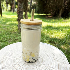 24oz Clear Glass Cup with Wooden Lid & Steel Straw
