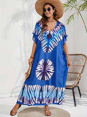 Boho Tie Dye Batwing Sleeve V Neck Maxi Cover Up Dress