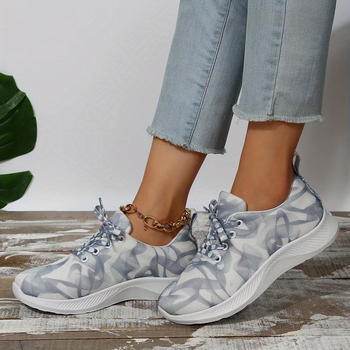 Women's Ink Print Running Shoes Breathable Lace Up Sneakers