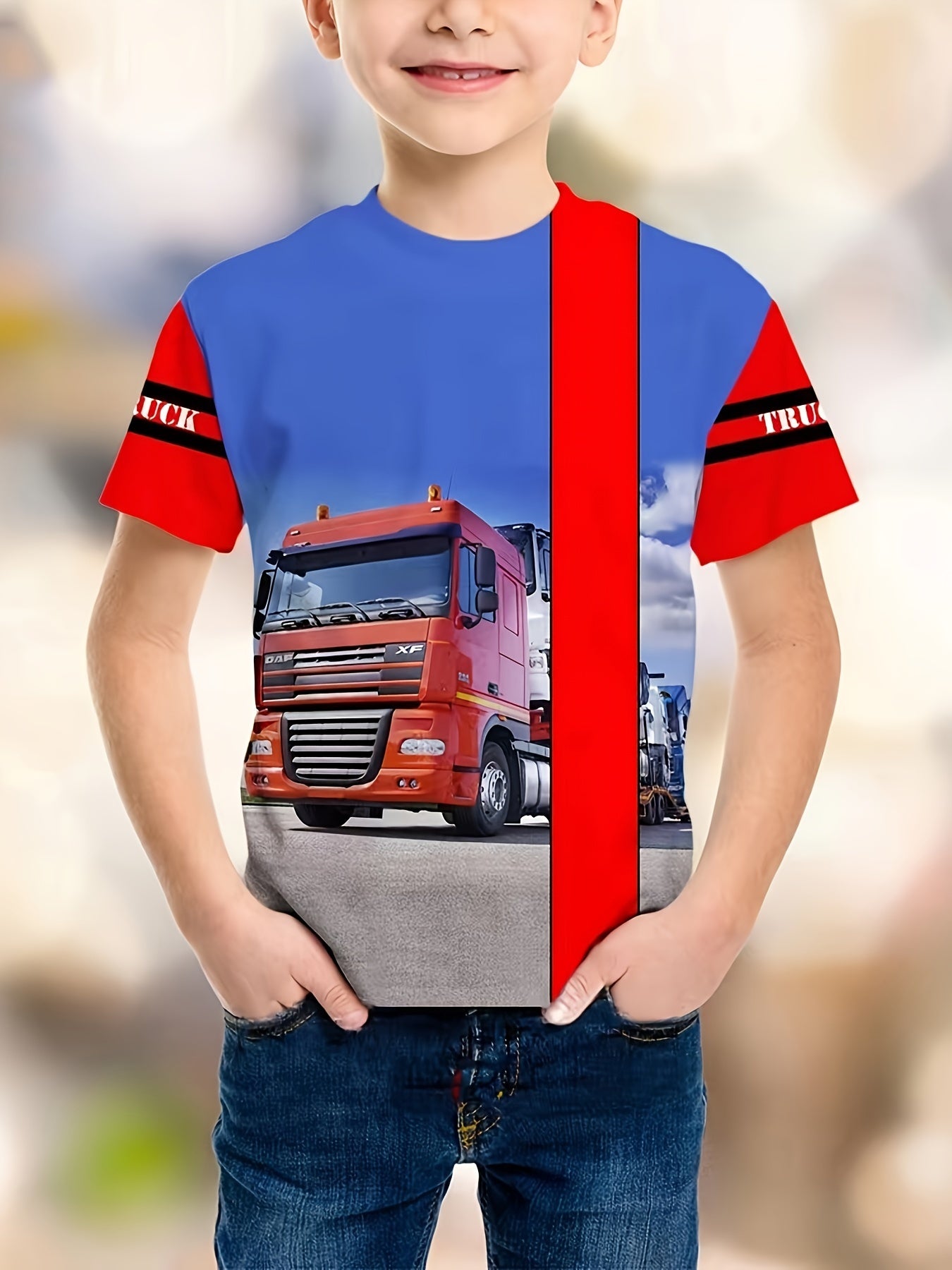 3D Red Cart Pattern T shirt For Kids Short Sleeve Top Casual Tee