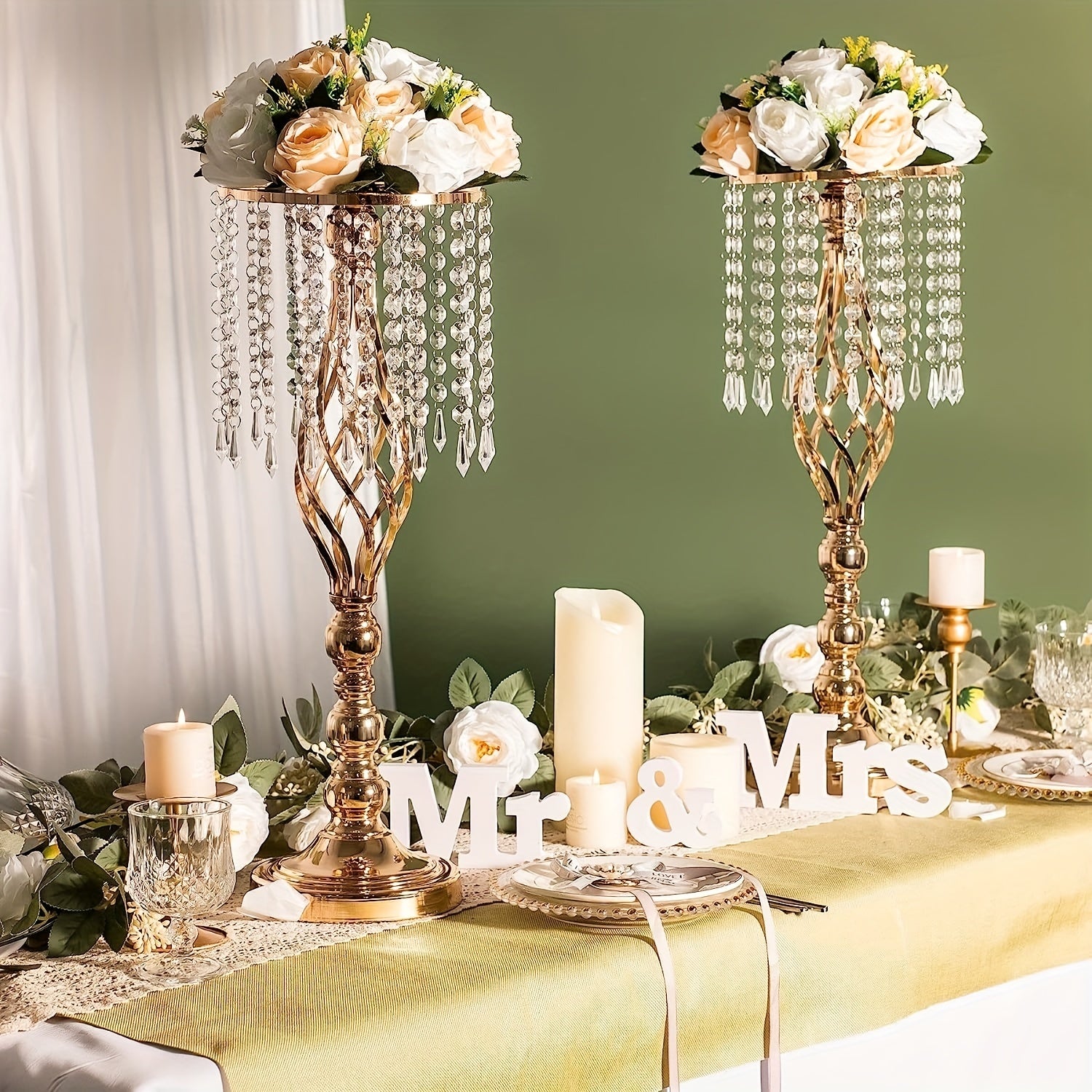 2pcs Metal Flower Vases Crystal Stand Wedding Centerpieces Tables Party Decor