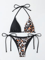 Leopard & Plain Triangle Halter Neck Two Piece Bikini Set