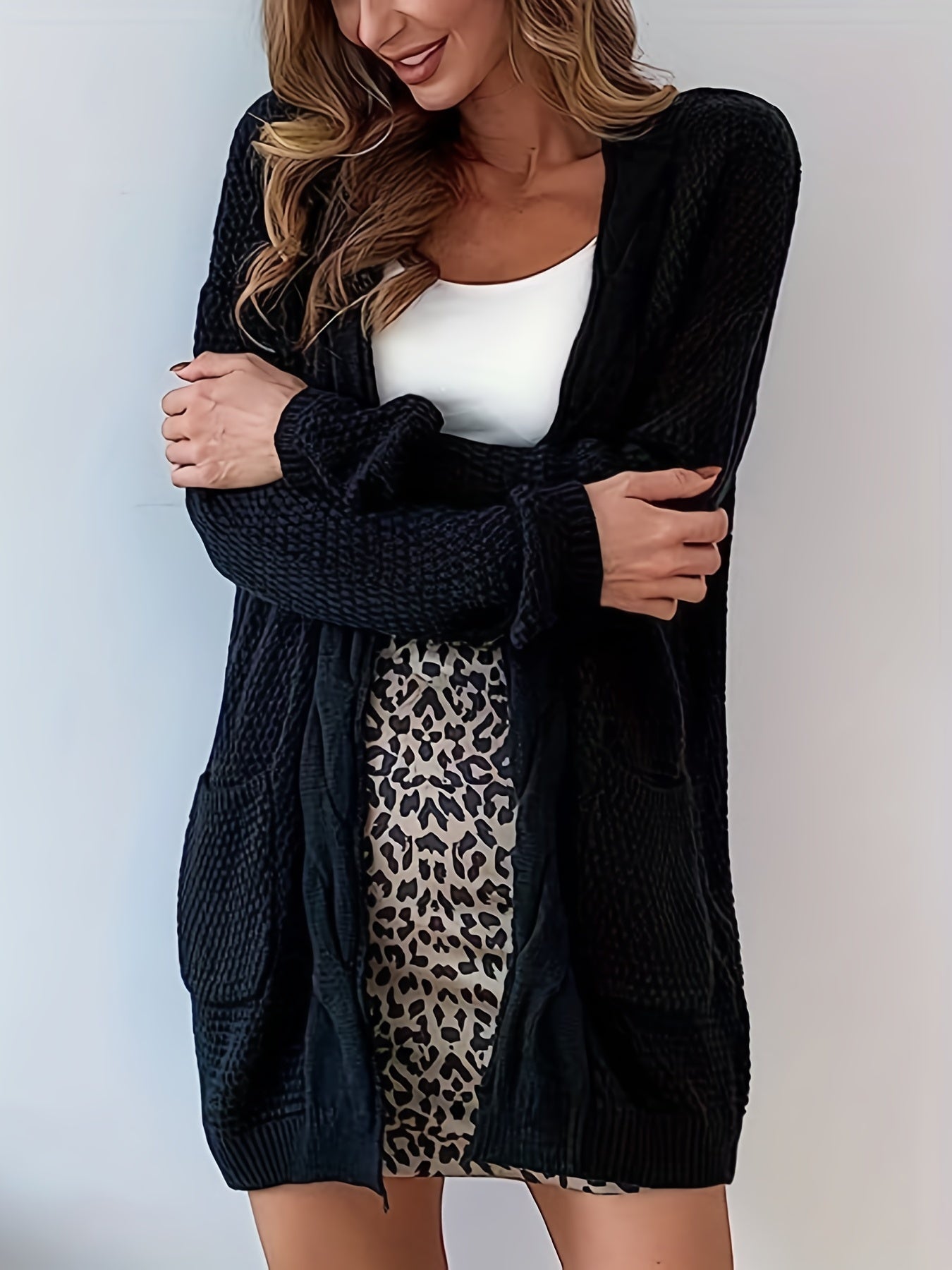 Mid Length Knit Cardigan Open Front Long Sleeve Sweater