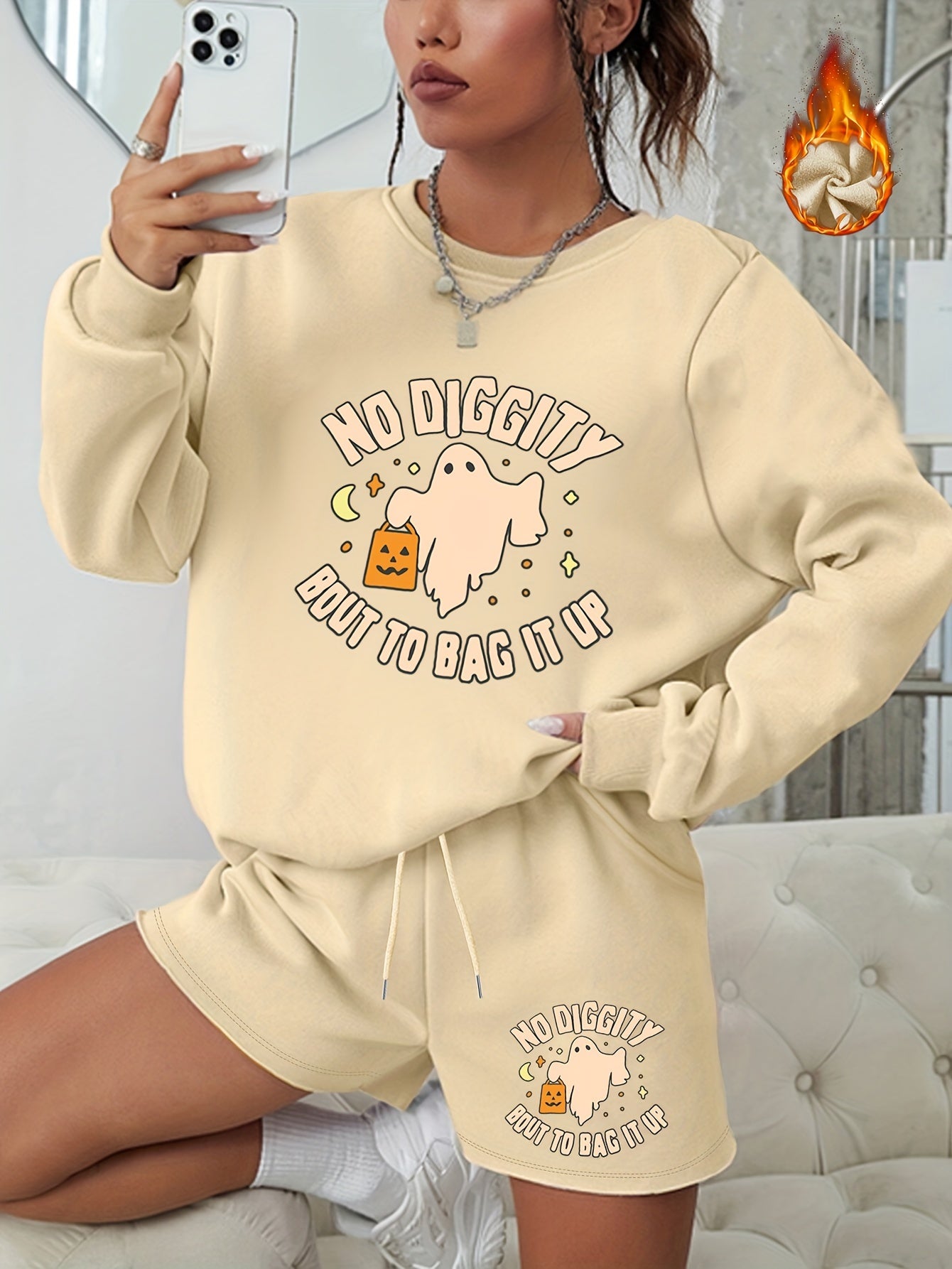 Women's Halloween Graphic Print Sweatshirt & Shorts Set