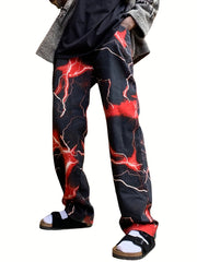 Lightning Pattern Dye Jeans Casual Loose Fit Denim Pants