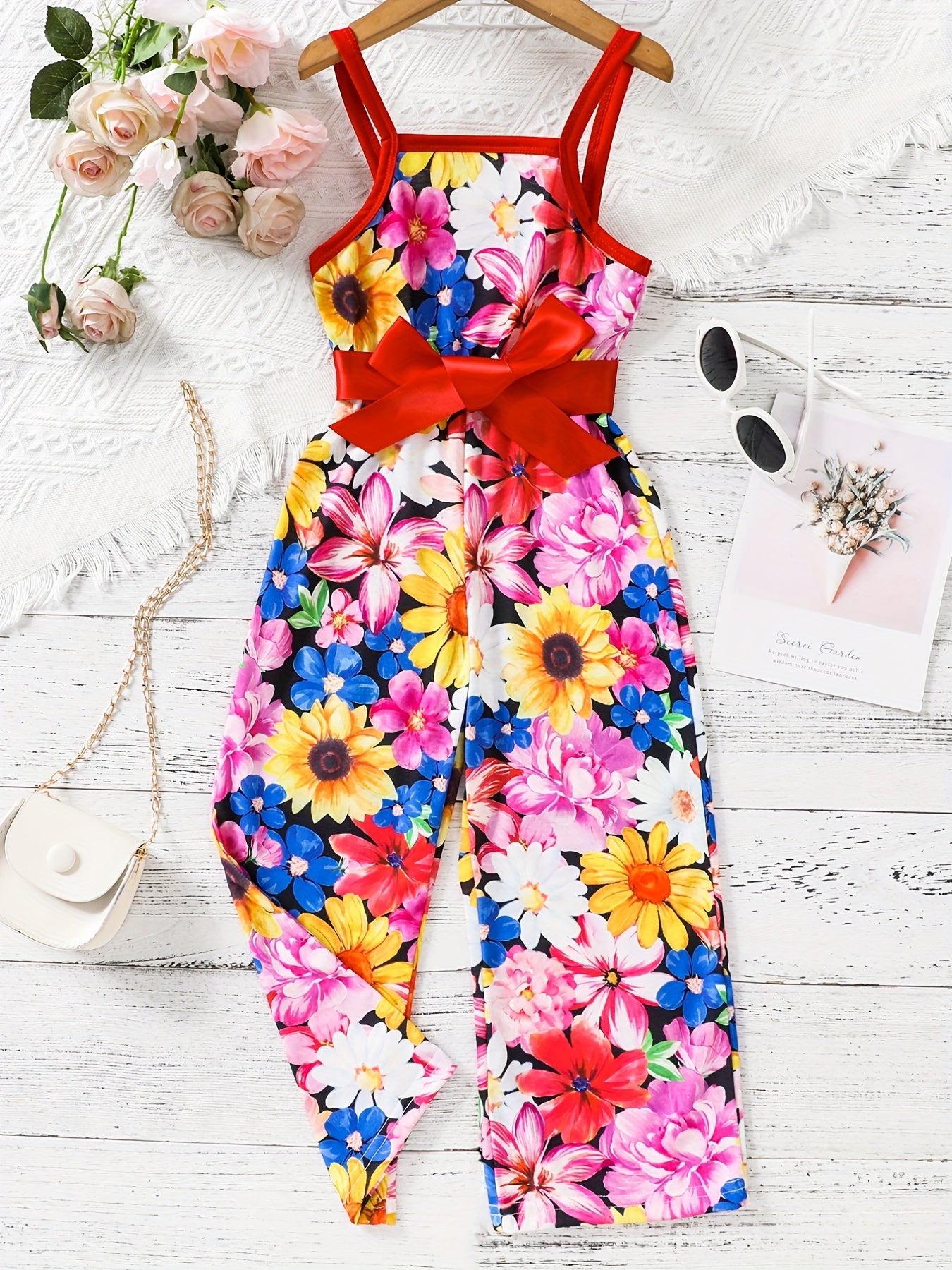 Toddler Girls Flowers Graphic Belted Cami Rompers Wide Leg Jumpsuits