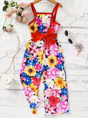 Toddler Girls Flowers Graphic Belted Cami Rompers Wide Leg Jumpsuits