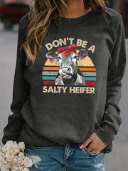 Salty Heifer Cow Print Sweatshirt Long Sleeve Crew Neck Casual Women's Clothing