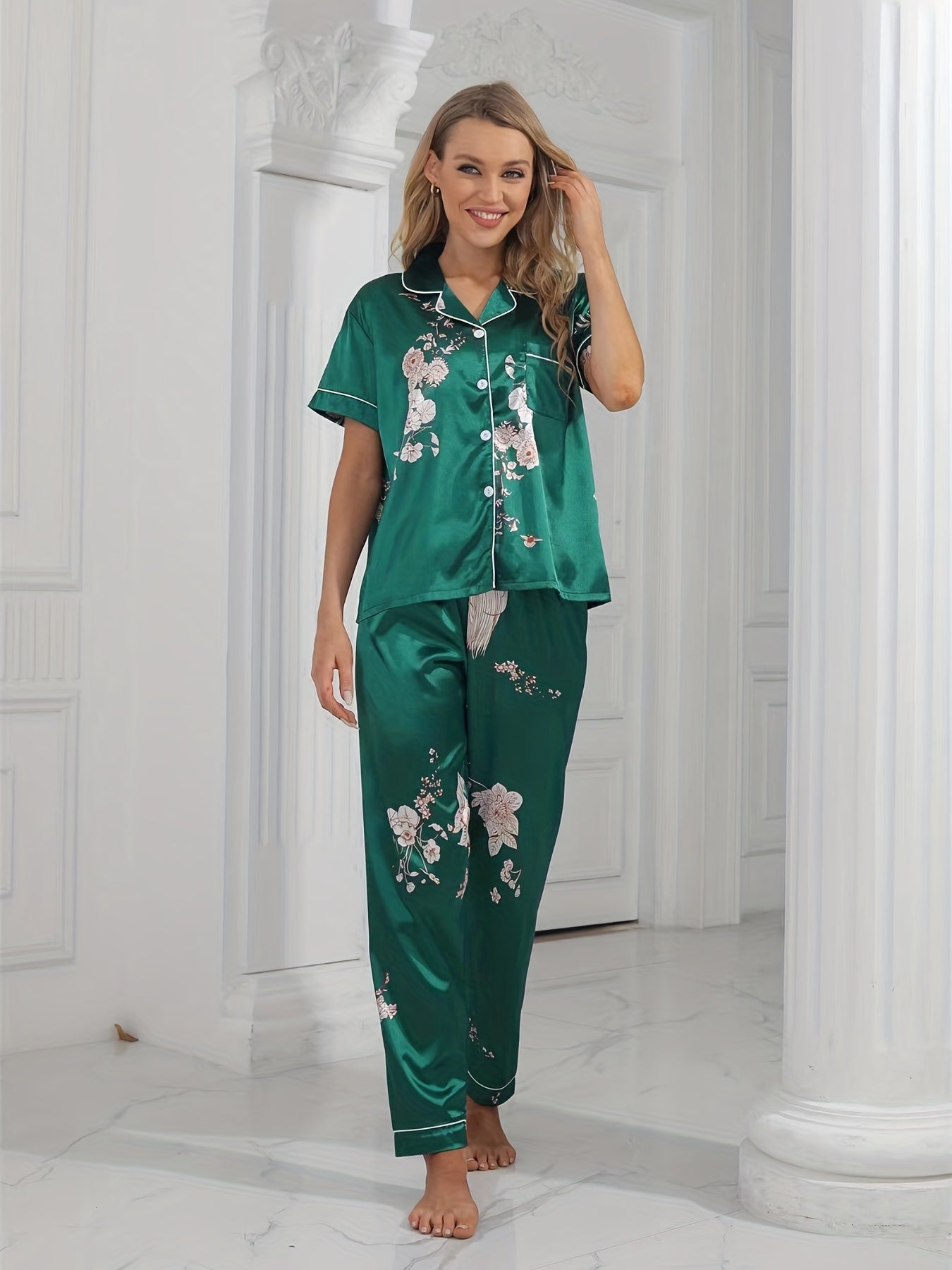 Green Floral Satin Pajama Set Short Sleeve Pocket Top & Cozy Long Pants